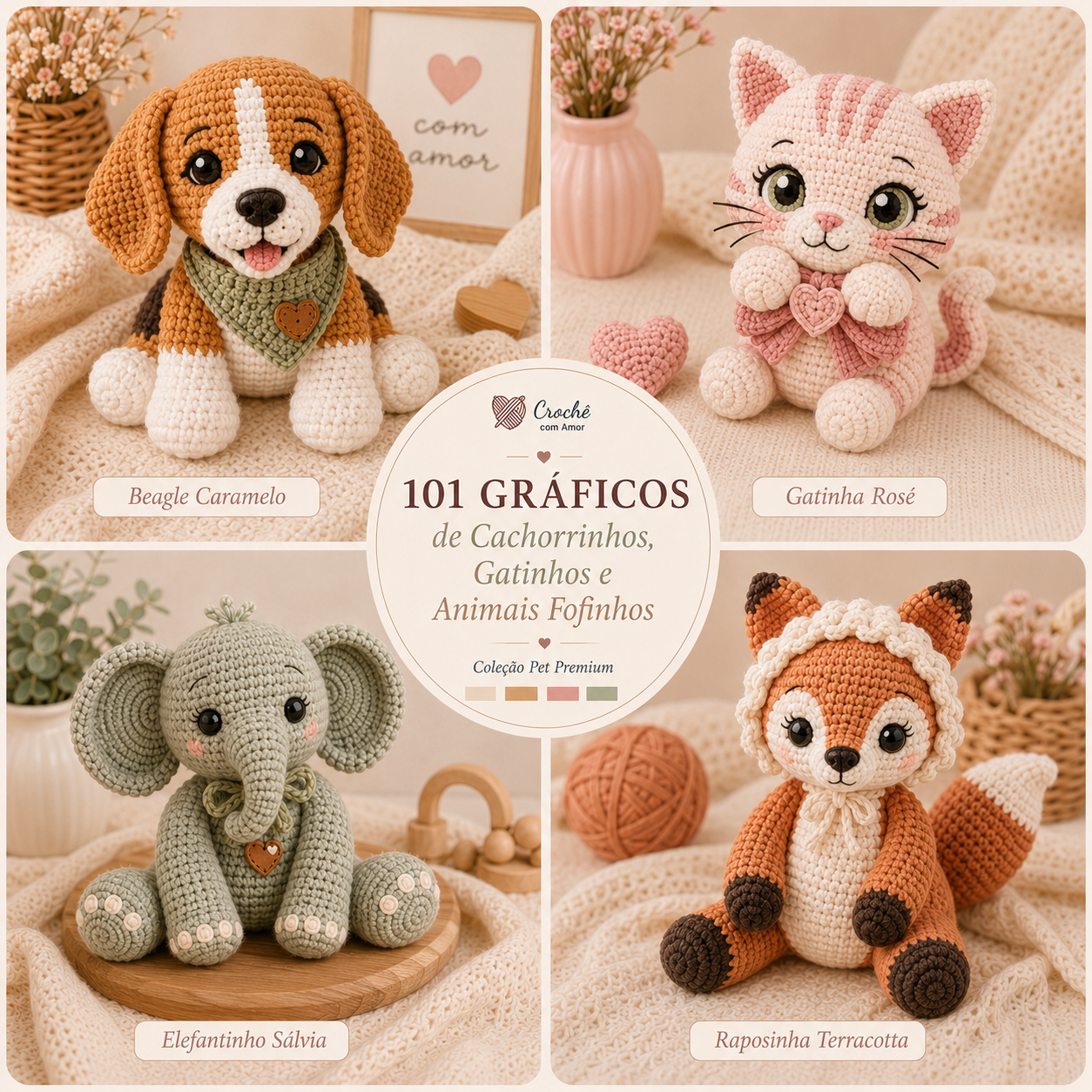 Mosaico de gráficos com patinhas, ossinhos, corações, nomes e detalhes decorativos.